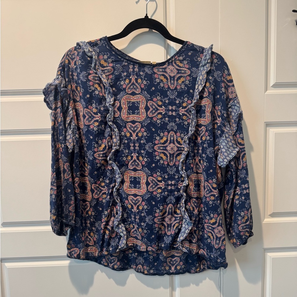 True Craft Boho Peasant Blouse 3/4 Sleeve Navy 100% Cotton Light Weight Sz Small